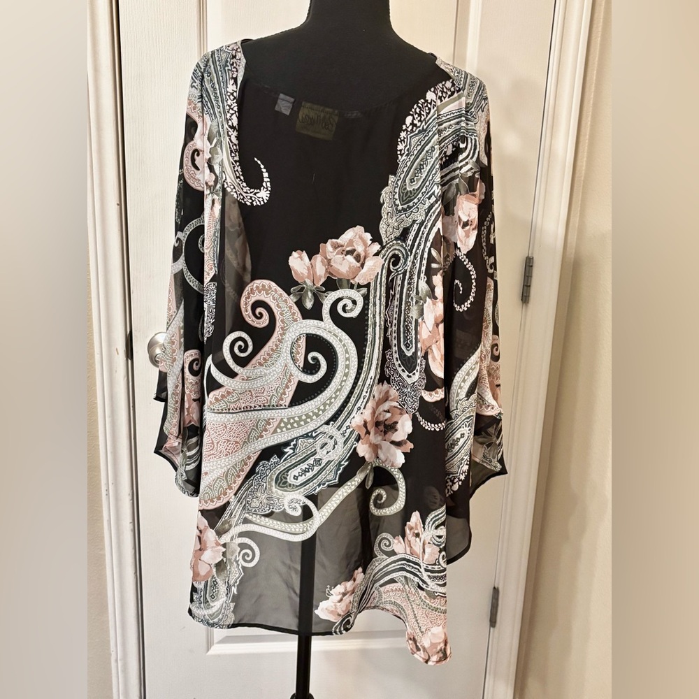 Bob Mackie 3X Black Sheer Rose Paisley Poncho Kimono topper pink floral flutter - Picture 7 of 14